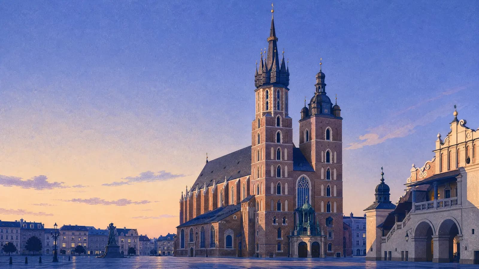 Ilustracja: Bazylika Mariacka i Sukiennice na Rynku Głównym, Kraków